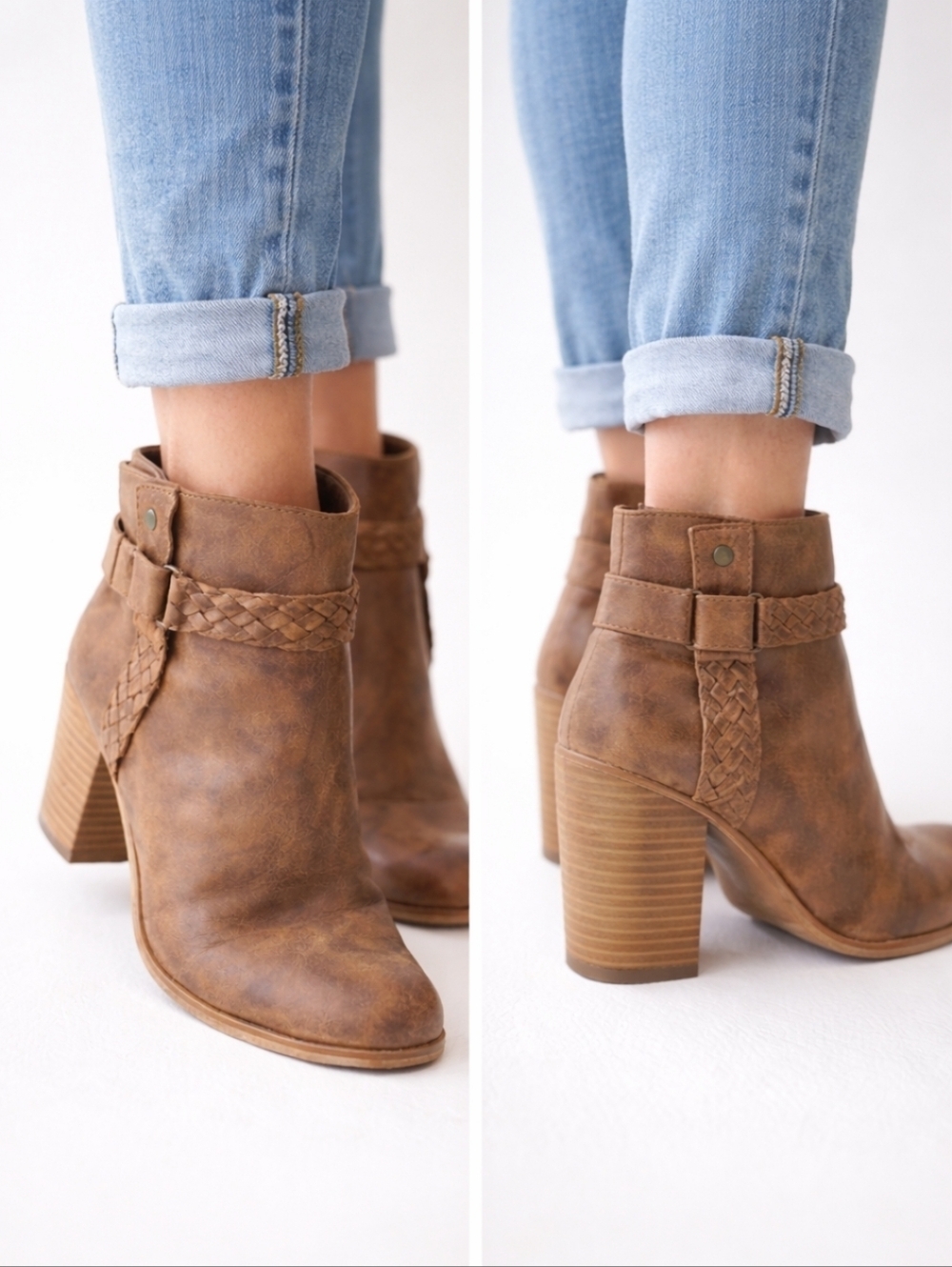 Distressed Brown Leather Ankle Boots Braided Strap Stacked Heel Boho Western S 8